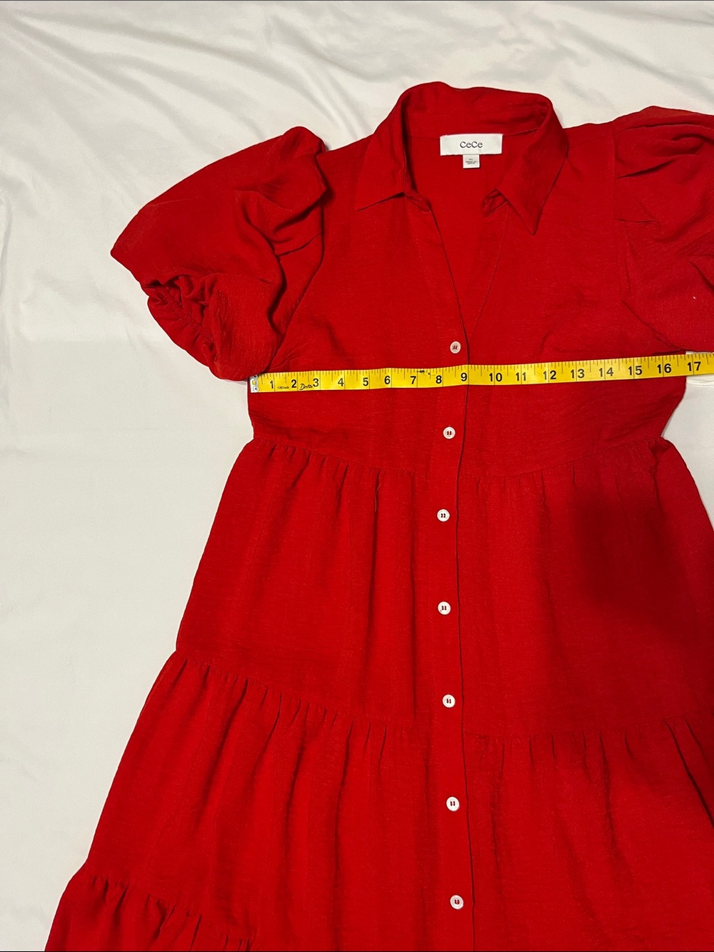 CeCe Red Button-Front Tiered Midi Dress - Picture 5 of 8